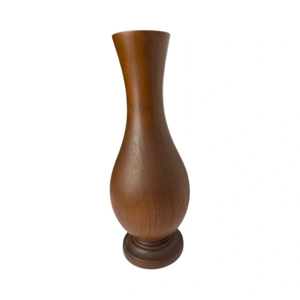 Vintage MCM Hand Turned 13” Tall Solid Wood Flower Vase
